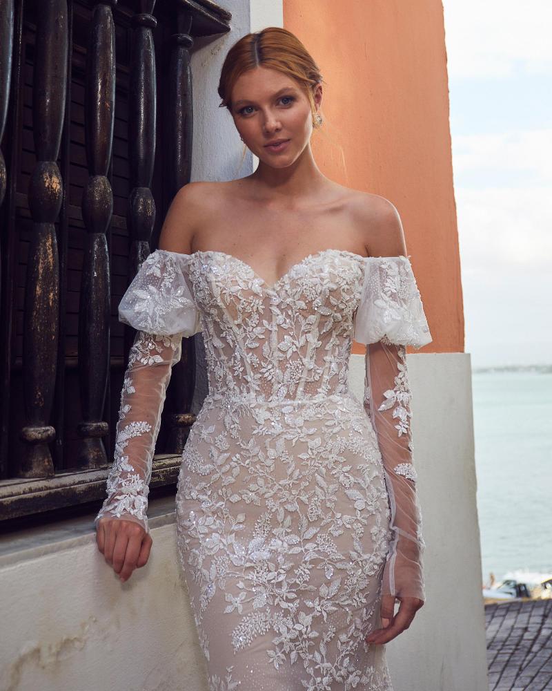 La23113 off the shoulder long sleeve wedding dress with lace3
